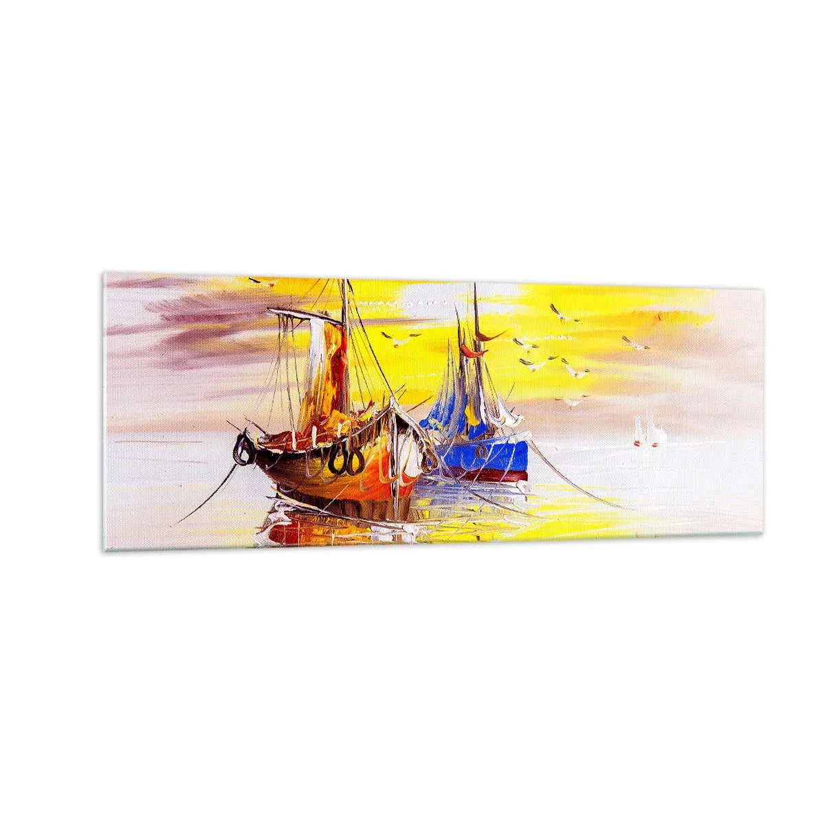 Glasbild - Bild auf glas - Eine malerische Szene von Booten auf ruhiger See - 140x50cm - Eine wohlverdiente Pause im Hafen - Moderne Wanddekoration für Wohnzimmer und Schlafzimmer ARTTOR