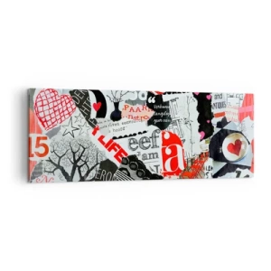Bild auf Leinwand - Leinwandbild - Eine bunte Collage mit Aufschriften, Herzen und Grafiken. - 140x50cm - Hipster-Collage - Moderne Wanddekoration für Wohnzimmer und Schlafzimmer ARTTOR