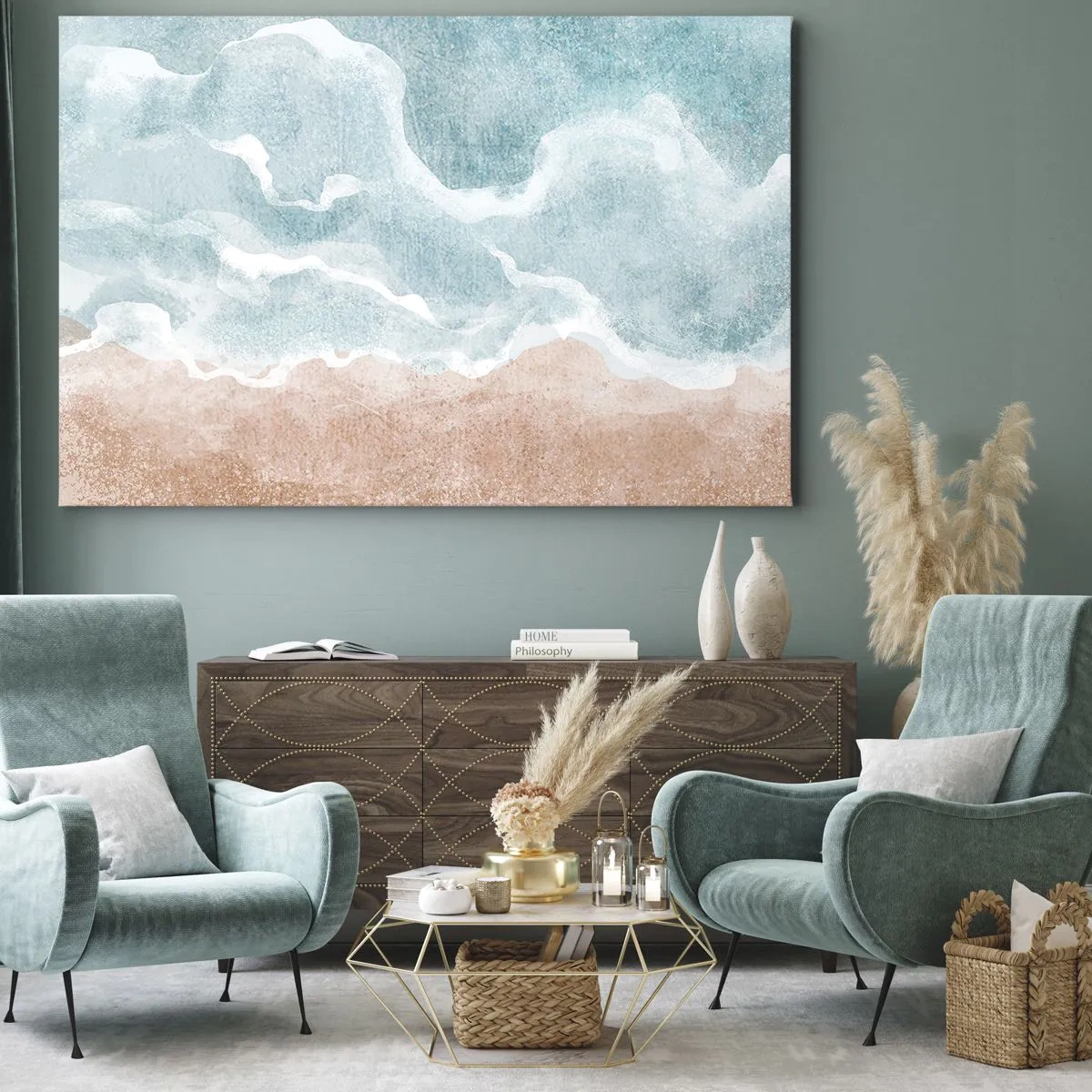 Bild auf Leinwand - Leinwandbild - Abstrakter Strand mit Wellen in Blau- und Beigetönen - 70x50cm - Cloud-Abstraktion - Moderne Wanddekoration für Wohnzimmer und Schlafzimmer ARTTOR