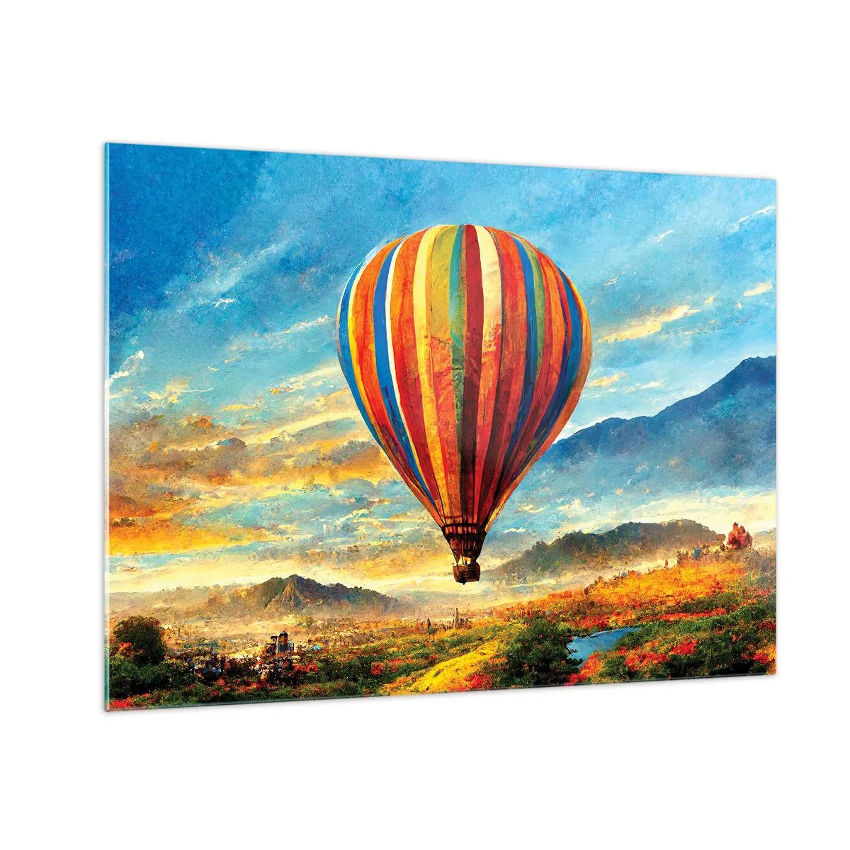 Glasbild - Bild auf glas - Ein bunter Ballon schwebt über einer Berglandschaft - 70x50cm - In der Stille sieht man mehr - Moderne Wanddekoration für Wohnzimmer und Schlafzimmer ARTTOR