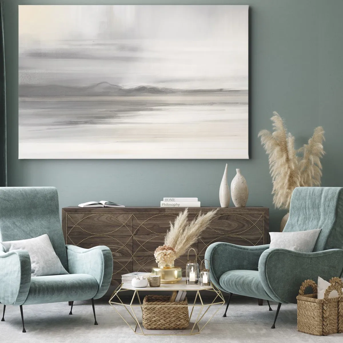 Bild auf Leinwand - Leinwandbild - Eine subtile Landschaft in Grau- und Beigetönen - 70x50cm - Nachdenkliche Distanz - Moderne Wanddekoration für Wohnzimmer und Schlafzimmer ARTTOR