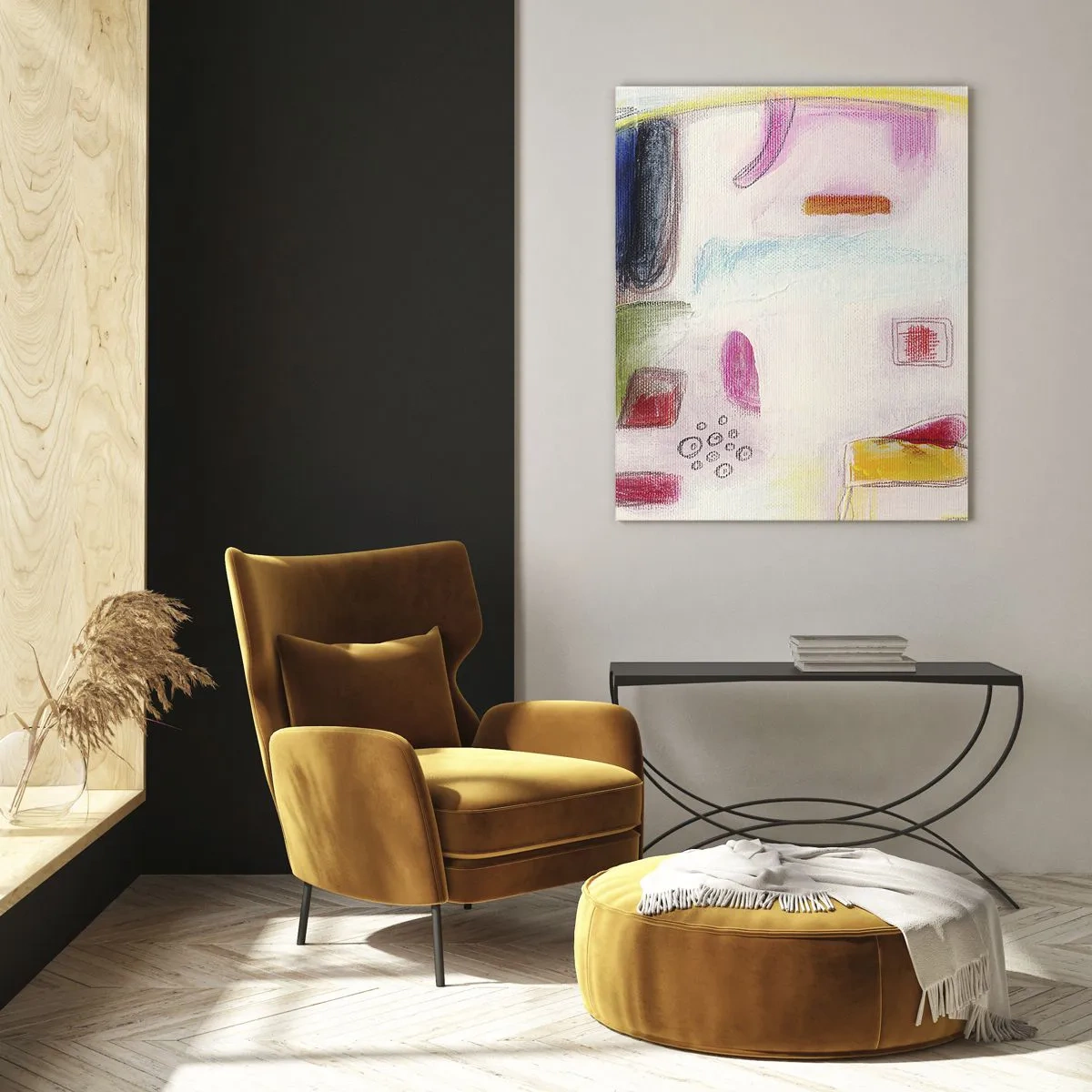 Glasbild - Bild auf glas - Farbenfrohe Abstraktion mit geometrischen Formen und Pastelltönen - 50x70cm - Eher konvex als konkav oder flach - Moderne Wanddekoration für Wohnzimmer und Schlafzimmer ARTTOR