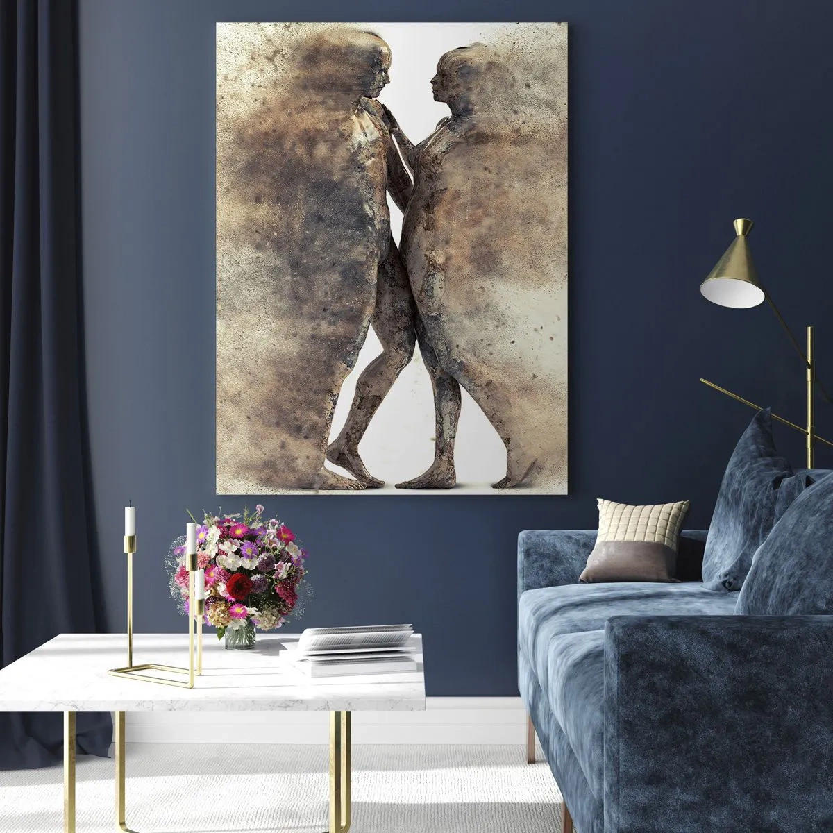 Glasbild - Bild auf glas - Abstrakte Silhouetten zweier Figuren im staubigen Stil - 50x70cm - Sie erhoben sich aus dem Staub, um zu lieben - Moderne Wanddekoration für Wohnzimmer und Schlafzimmer ARTTOR