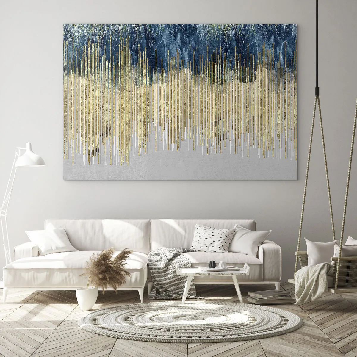 Glasbild - Bild auf glas - Goldene vertikale Linien vor einem dunkelblauen Waldhintergrund - 120x80cm - Vergoldete Grenze - Moderne Wanddekoration für Wohnzimmer und Schlafzimmer ARTTOR