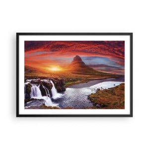 Poster in einem schwarzem Rahmen - Berglandschaft mit Wasserfall bei Sonnenuntergang - 70x50cm - Ein Blick auf Mittelerde - Moderne Wanddekoration für Wohnzimmer und Schlafzimmer ARTTOR