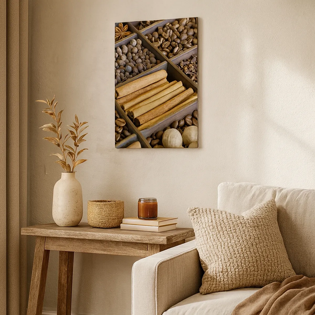 Bild auf Leinwand - Leinwandbild - Gewürze und Kaffee in Holzfächern - 50x70cm - Eine Fundgrube an Aromen - Moderne Wanddekoration für Wohnzimmer und Schlafzimmer ARTTOR