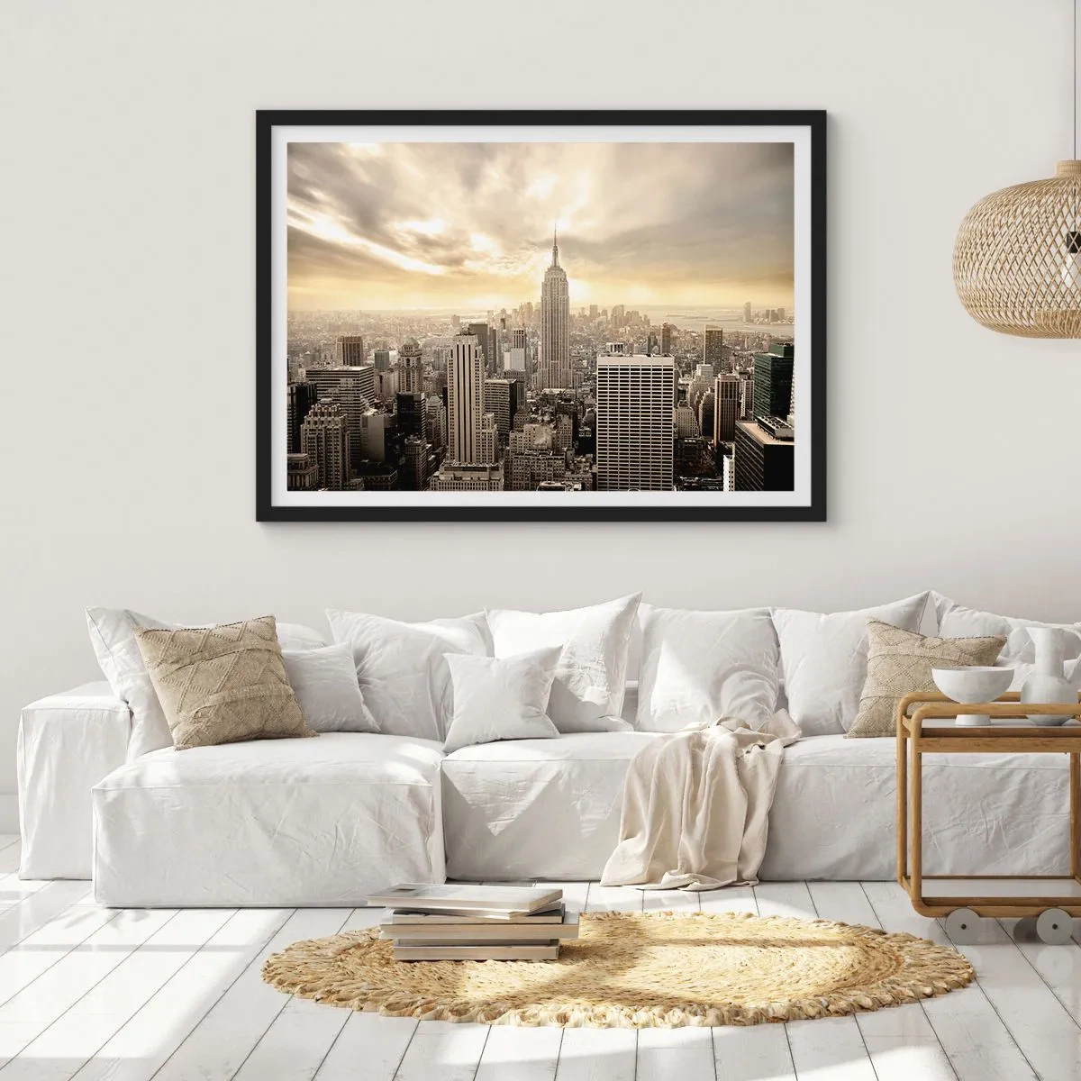 Poster in einem schwarzem Rahmen - Panorama der Stadt mit Blick auf das Empire State Building - 70x50cm - New York aus Grau - Moderne Wanddekoration für Wohnzimmer und Schlafzimmer ARTTOR