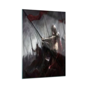 Glasbild - Bild auf glas - Ritter im Regen auf dem Schlachtfeld in voller Montur - 50x70cm - Passant, sag Sparta ... - Moderne Wanddekoration für Wohnzimmer und Schlafzimmer ARTTOR