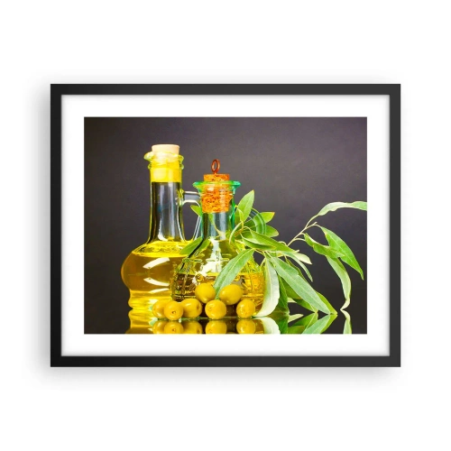Poster in einem schwarzem Rahmen - Stillleben mit Oliven und Olivenöl - 50x40 cm