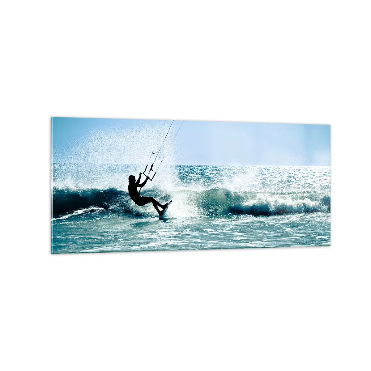 Glasbild - Bild auf glas - Kitesurfer reitet eine Welle in der vollen Sonne - 120x50cm - Hinreißen lassen - Moderne Wanddekoration für Wohnzimmer und Schlafzimmer ARTTOR