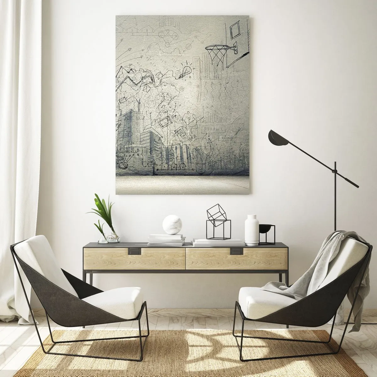 Glasbild - Bild auf glas - Zeichnungen und Diagramme vor dem Hintergrund einer rohen Wand - 80x120cm - Mein tolles Stadtleben - Moderne Wanddekoration für Wohnzimmer und Schlafzimmer ARTTOR