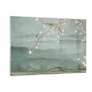 Glasbild - Bild auf glas - Ein Zweig mit Blumen und Vögeln vor dem Hintergrund grüner Hügel - 120x80cm - Frühling, oh, du bist es - Moderne Wanddekoration für Wohnzimmer und Schlafzimmer ARTTOR