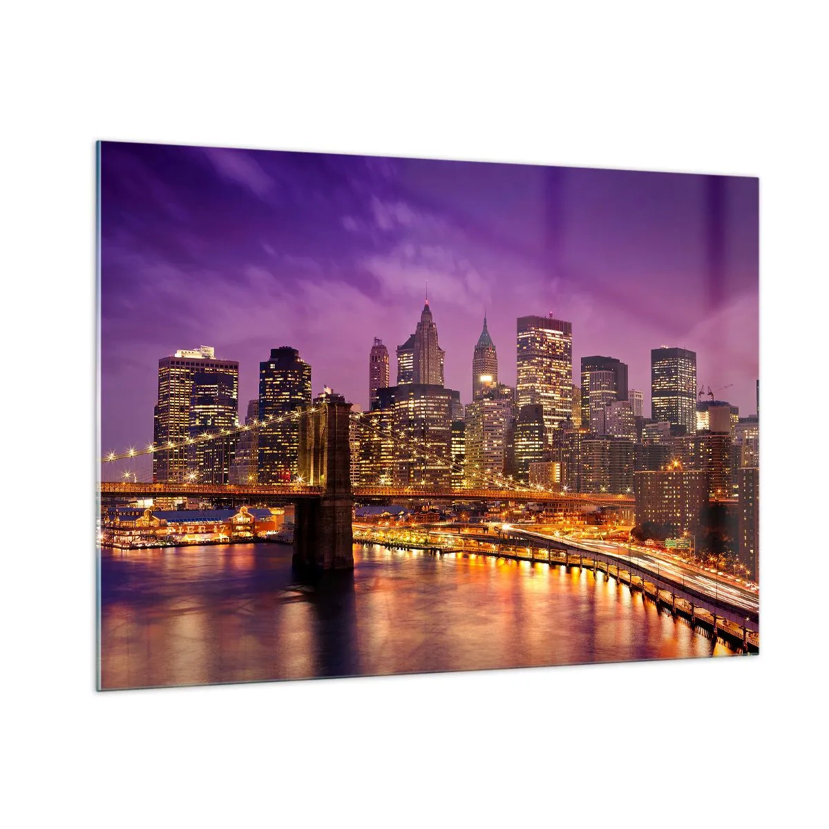 Glasbild - Bild auf glas - Abendansicht von New York mit der Brooklyn Bridge - 100x70cm - Violett-goldenes Manhathann - Moderne Wanddekoration für Wohnzimmer und Schlafzimmer ARTTOR