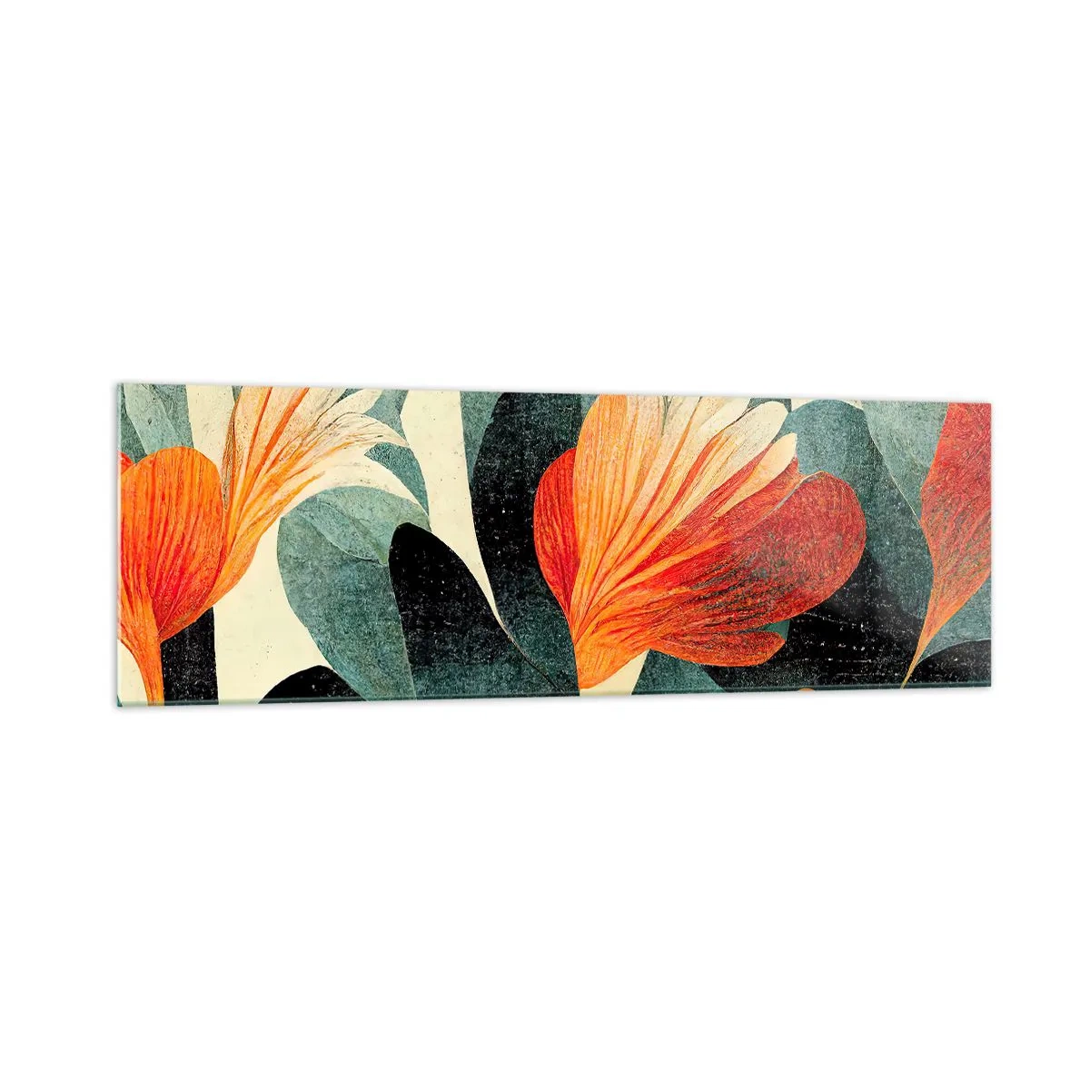 Glasbild - Bild auf glas - Blüten in intensiven Orange- und Grüntönen - 160x50cm - Hitze der Tropen und Kühle des Grüns - Moderne Wanddekoration für Wohnzimmer und Schlafzimmer ARTTOR