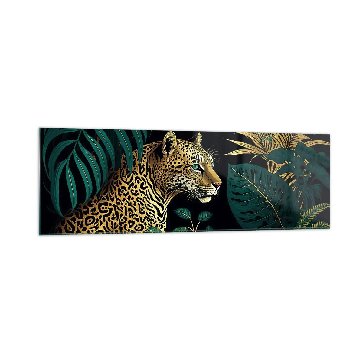 Glasbild - Bild auf glas - Leopard in tropischen Blättern auf schwarzem Hintergrund - 160x50cm - Gastgeber im Dschungel - Moderne Wanddekoration für Wohnzimmer und Schlafzimmer ARTTOR