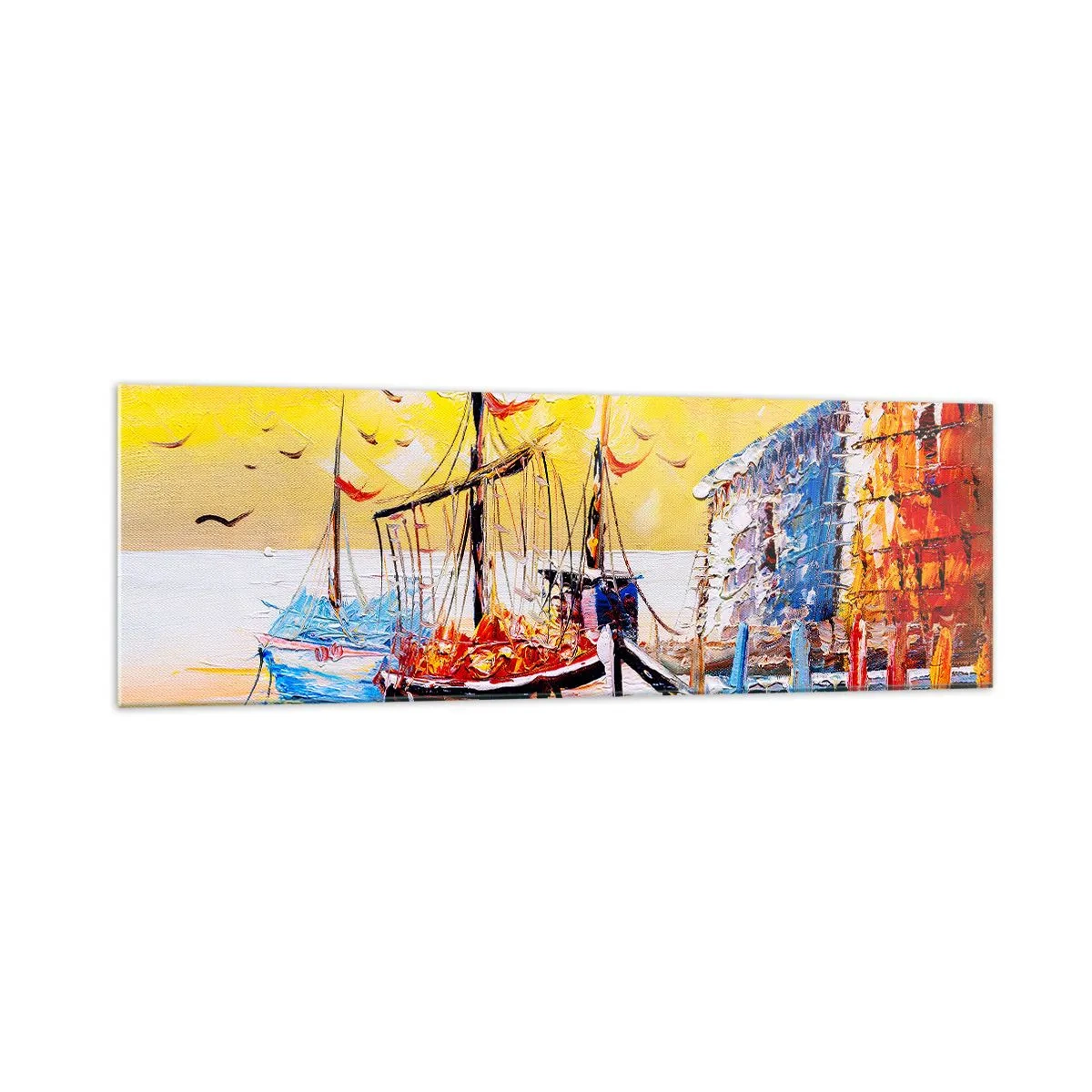Glasbild - Bild auf glas - Malerischer Hafen bei Sonnenuntergang mit Fischerbooten - 160x50cm - Glückliche Rückkehr - Moderne Wanddekoration für Wohnzimmer und Schlafzimmer ARTTOR