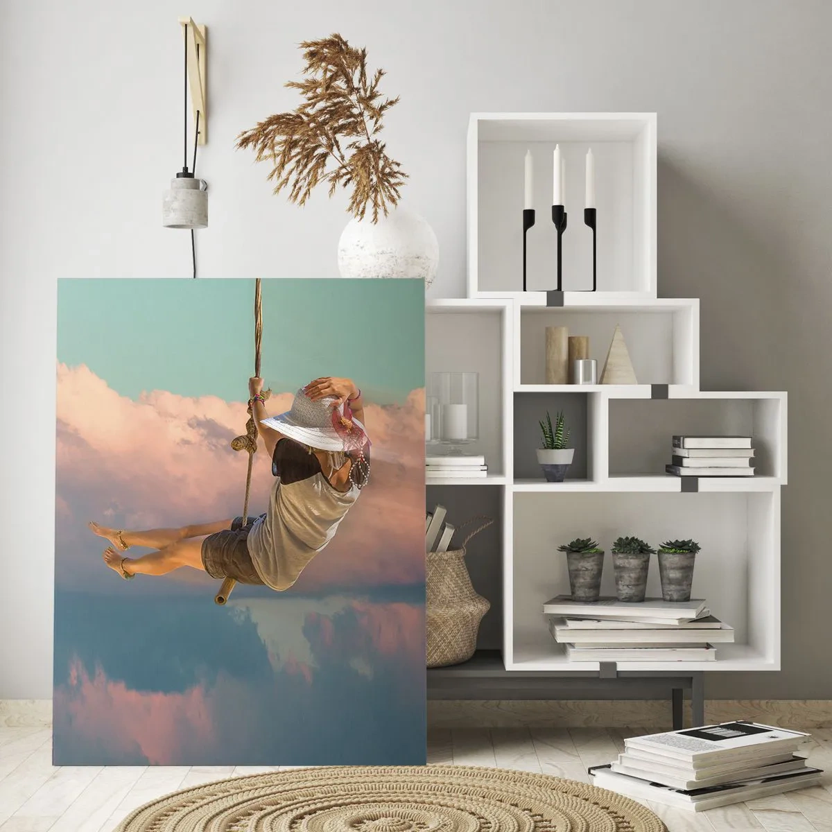 Glasbild - Bild auf glas - Frau auf einer Schaukel zwischen rosa Wolken - 80x120cm - Spaß in den Wolken - Moderne Wanddekoration für Wohnzimmer und Schlafzimmer ARTTOR