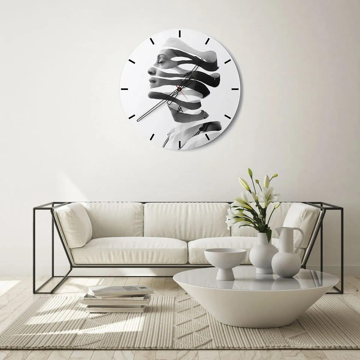 Wanduhr - Glasuhr - Abstraktes Porträt einer Frau in Schwarzweiß - 30x30cm - Surreales Porträt - Moderne Wanddekoration für Wohnzimmer, Küche und Schlafzimmer ARTTOR