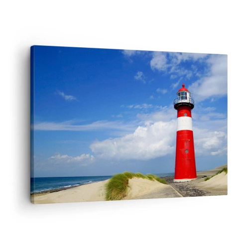 Bild auf Leinwand - Leinwandbild - Roter Leuchtturm am Strand unter blauem Himmel - 70x50cm - Traum Einsamkeit - Moderne Wanddekoration für Wohnzimmer und Schlafzimmer ARTTOR