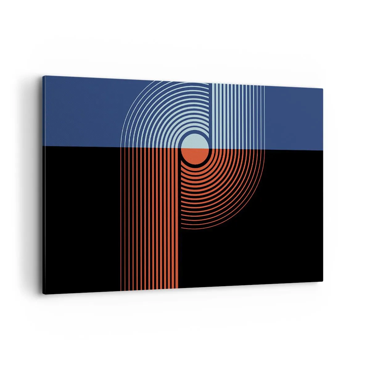 Bild auf Leinwand - Leinwandbild - Geometrische Abstraktion mit Linien in Marineblau und Orange. - 120x80cm - In einer geometrischen Umarmung - Moderne Wanddekoration für Wohnzimmer und Schlafzimmer ARTTOR
