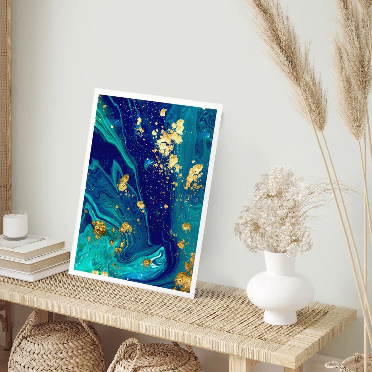 Poster - Abstraktes Muster in Blau- und Goldtönen - 50x70cm - Die Blütenblätter der Sonne - Moderne Wanddekoration für Wohnzimmer und Schlafzimmer ARTTOR