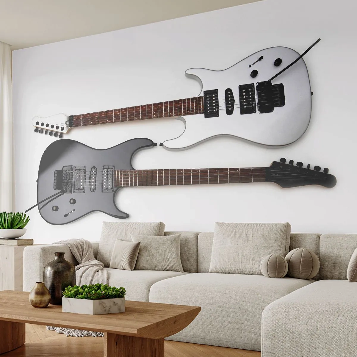 Fototapete Premium Canvas - Zwei E-Gitarren in Schwarz und Weiß auf hellem Hintergrund. - 100x70cm - Harmonie der Formen - Moderne Wanddekoration für Wohnzimmer und Schlafzimmer ARTTOR
