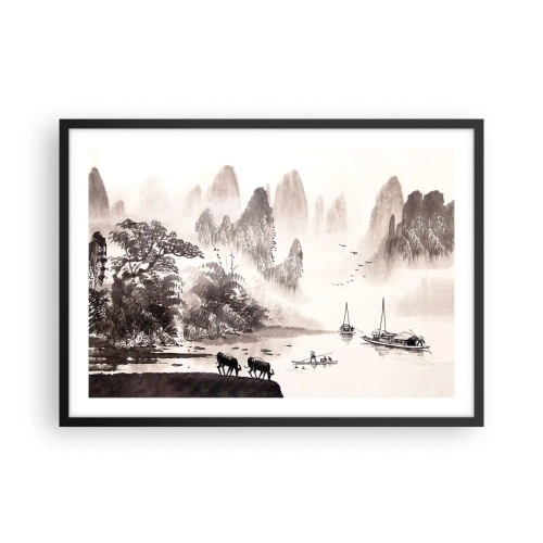 Poster in einem schwarzem Rahmen - Eine malerische Landschaft im asiatischen Stil mit nebligen Bergen - 70x50cm - Der exotische Alltag des Ostens - Moderne Wanddekoration für Wohnzimmer und Schlafzimmer ARTTOR
