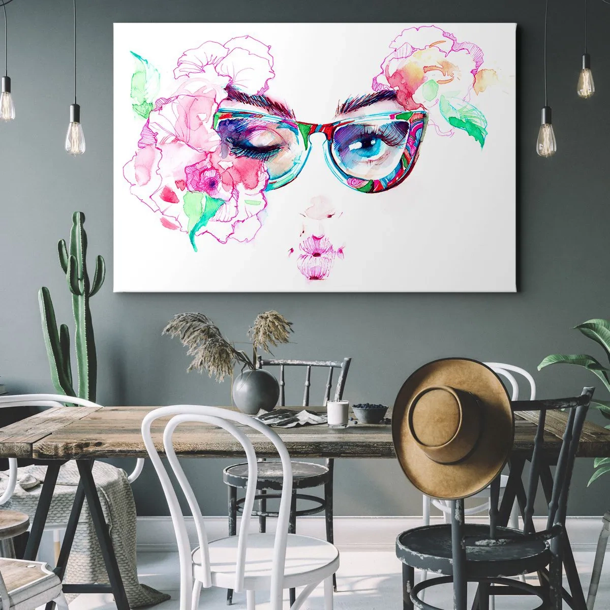 Bild auf Leinwand - Leinwandbild - Aquarellgesicht mit bunten Gläsern und Blumen - 70x50cm - Ein verlockendes Versprechen - Moderne Wanddekoration für Wohnzimmer und Schlafzimmer ARTTOR