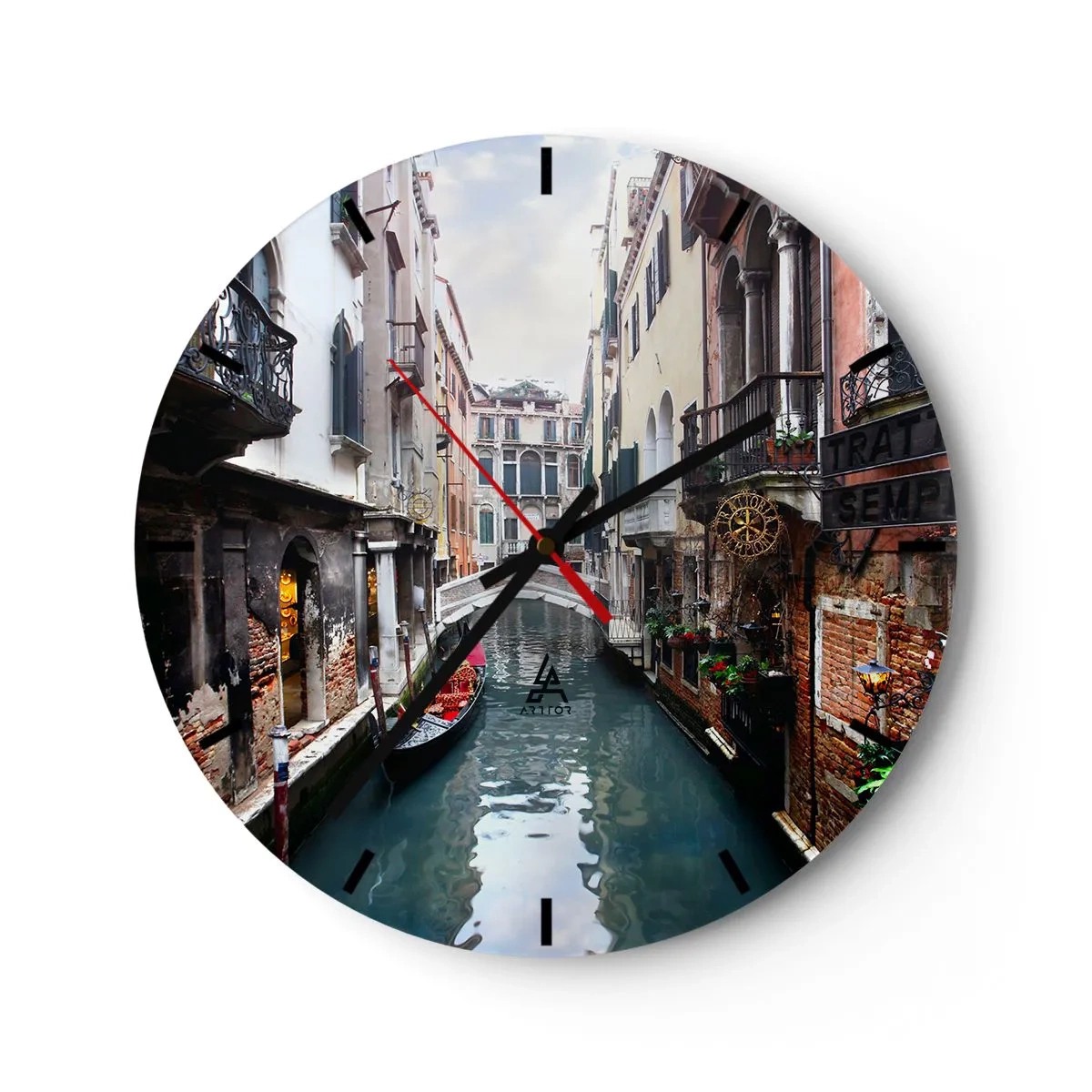 Wanduhr - Glasuhr - Venezianische Landschaft mit Gondel und Brücke - 40x40 cm