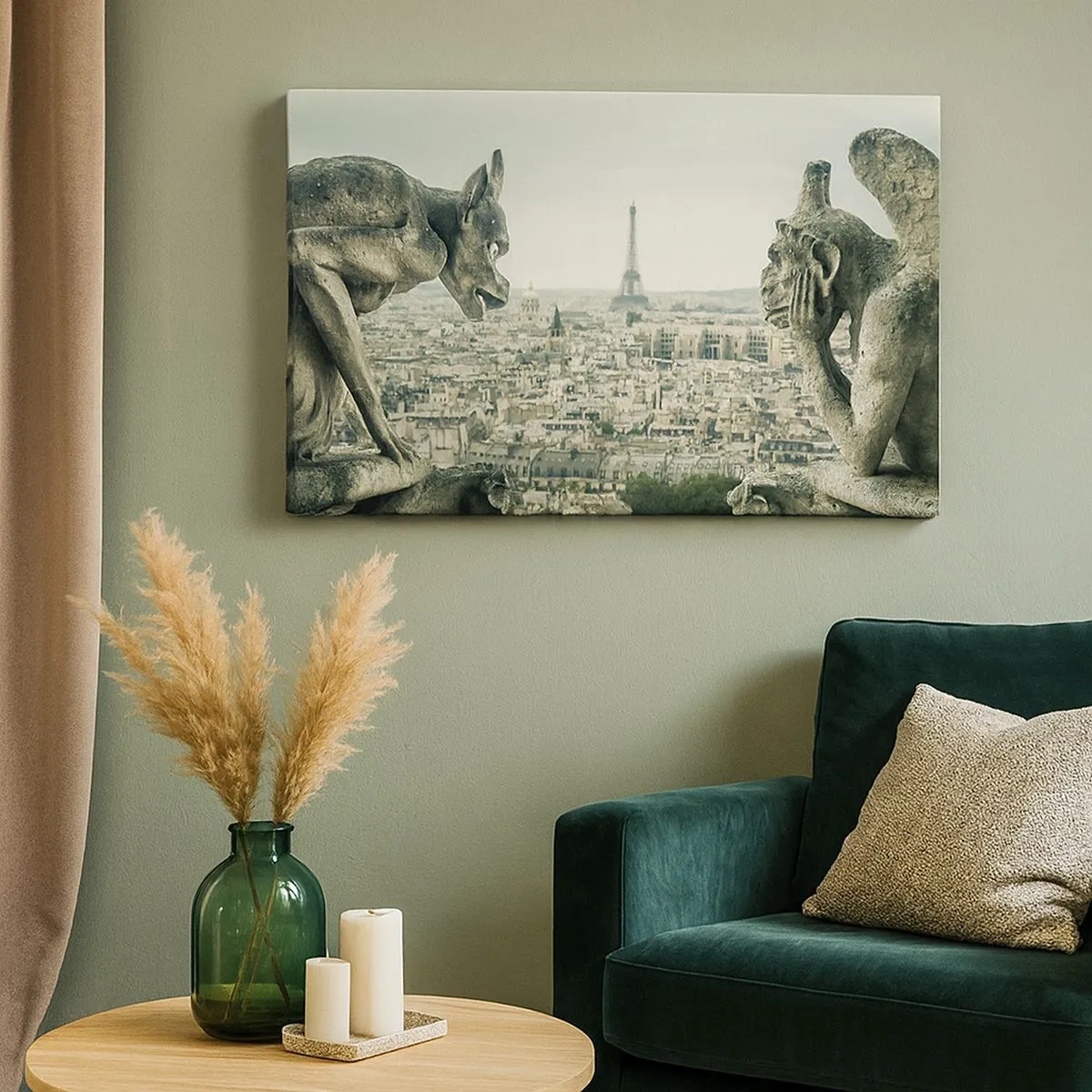 Bild auf Leinwand - Leinwandbild - Wasserspeier mit Blick auf die Skyline von Paris und den Eiffelturm - 70x50cm - Pariser Plaudern - Moderne Wanddekoration für Wohnzimmer und Schlafzimmer ARTTOR