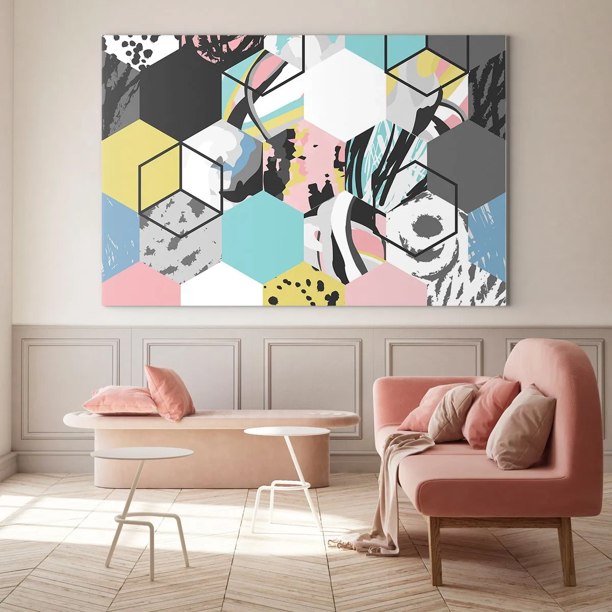 Glasbild - Bild auf glas - Bunte Würfel und Sechsecke in moderner Komposition - 70x50cm - Sechsecke und Würfel in sechs Farben - Moderne Wanddekoration für Wohnzimmer und Schlafzimmer ARTTOR