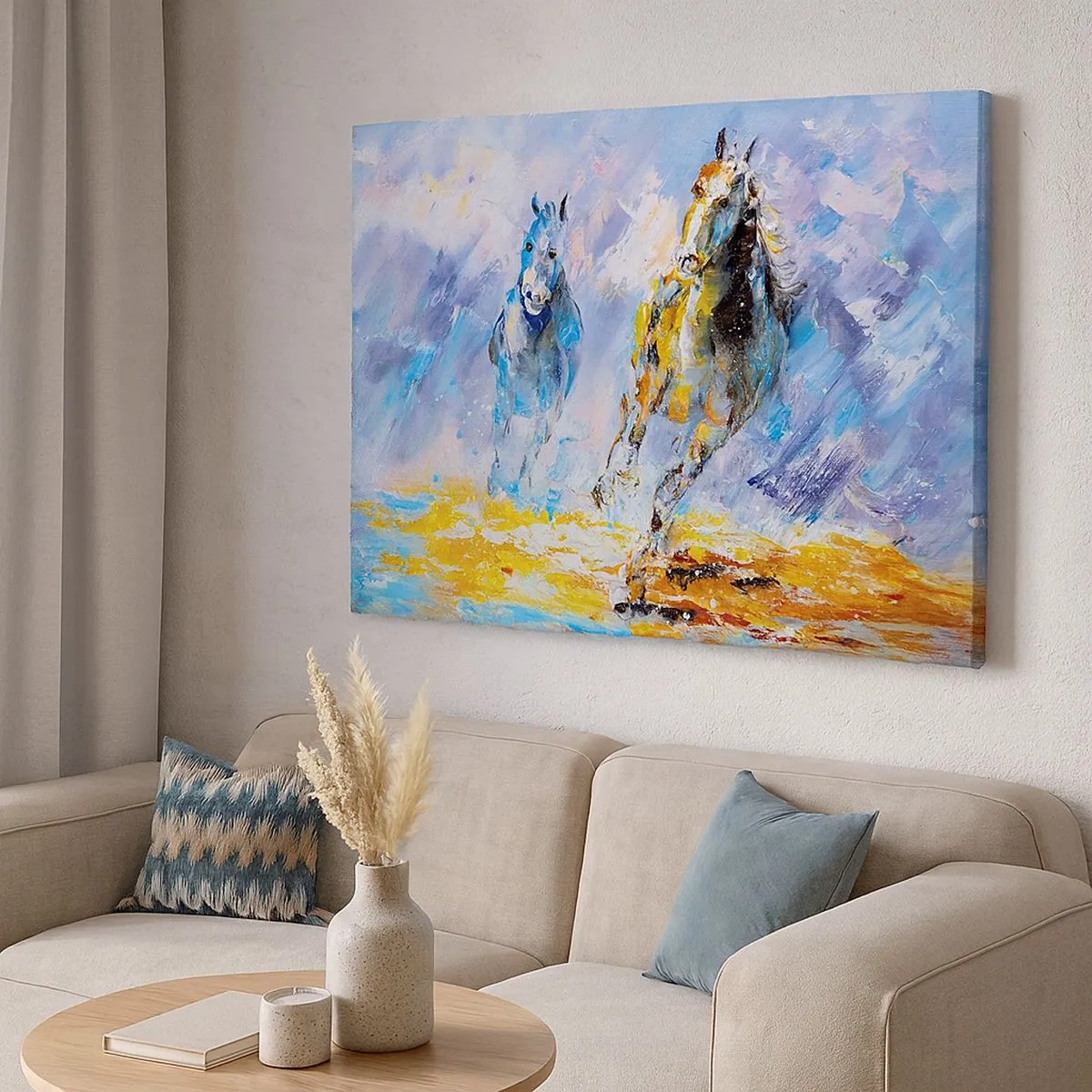 Bild auf Leinwand - Leinwandbild - Zwei Pferde in Bewegung vor dem Hintergrund einer abstrakten Landschaft - 70x50cm - Galopp durch die Blendung - Moderne Wanddekoration für Wohnzimmer und Schlafzimmer ARTTOR