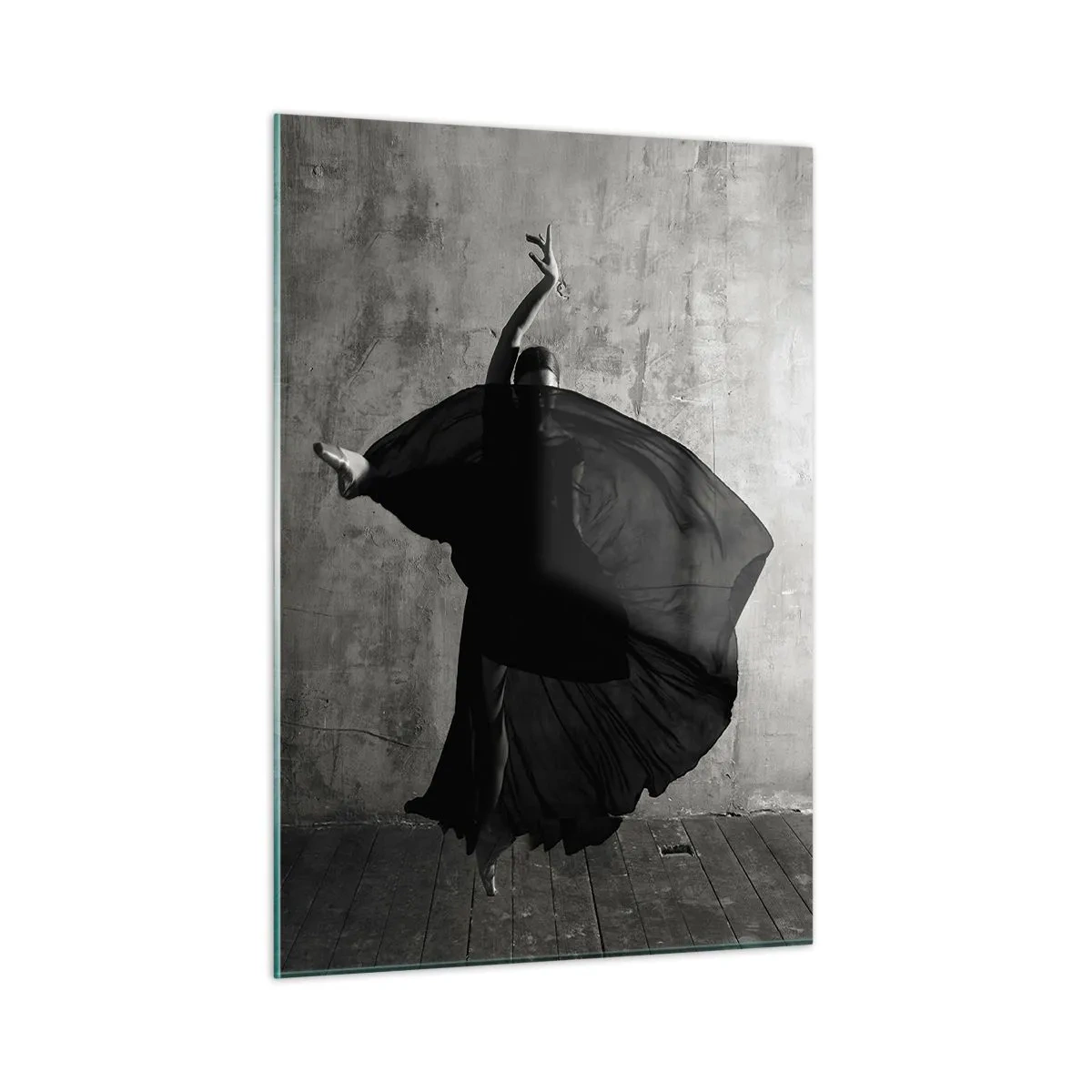 Glasbild - Bild auf glas - Schwarz-weiße Silhouette einer Tänzerin in dynamischer Pose - 50x70cm - Leidenschaftlicher Gürtel - Moderne Wanddekoration für Wohnzimmer und Schlafzimmer ARTTOR
