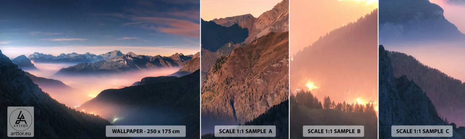 Fototapetenmuster Standard Eco - Licht in den Tälern - Landschaft, Berge, Wald - 100x30 cm