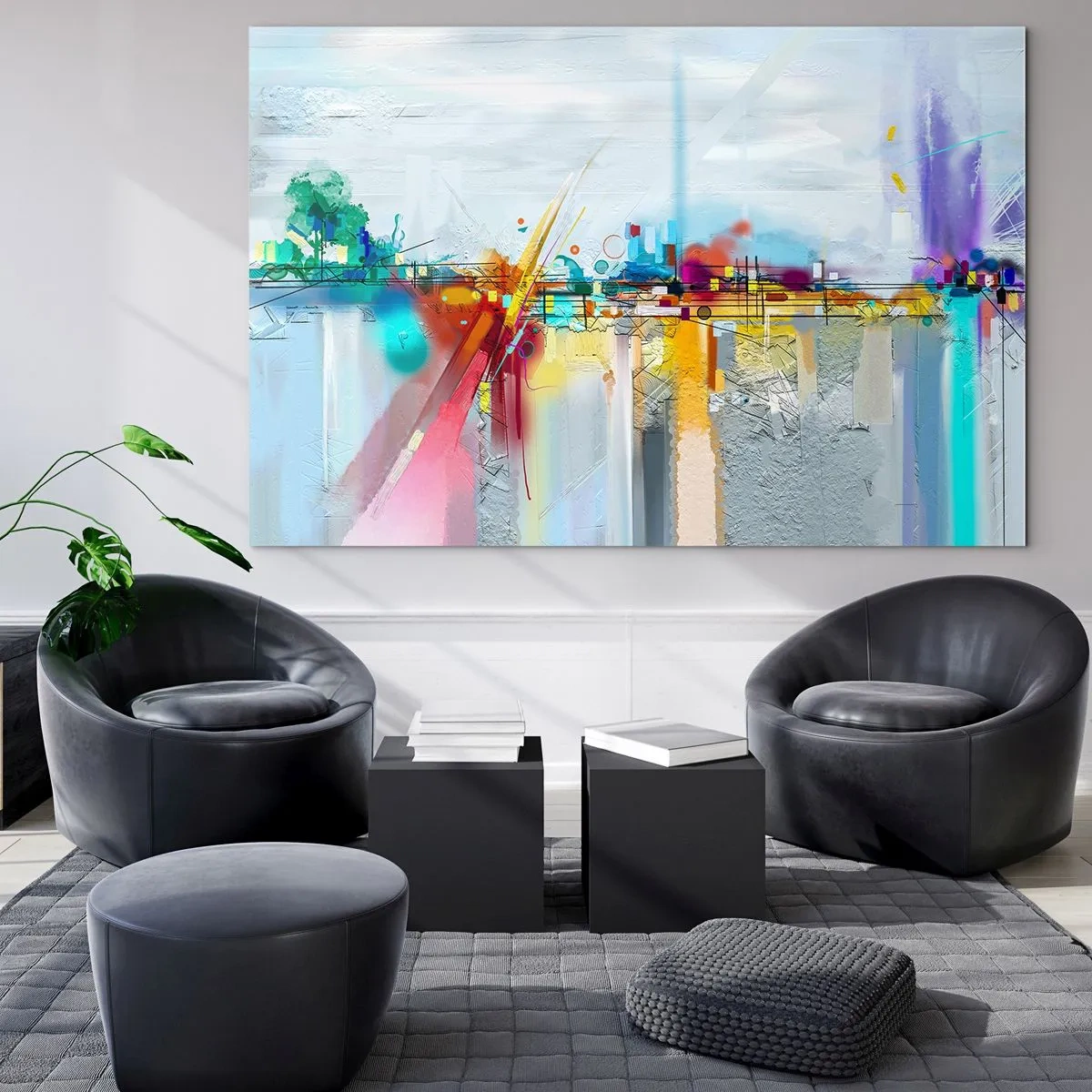 Glasbild - Bild auf glas - Abstrakte Brücke in leuchtenden Farben über einem Fluss mit pastellfarbenem Hintergrund - 70x50cm - Freudenbrücke über den Fluss des Lebens - Moderne Wanddekoration für Wohnzimmer und Schlafzimmer ARTTOR