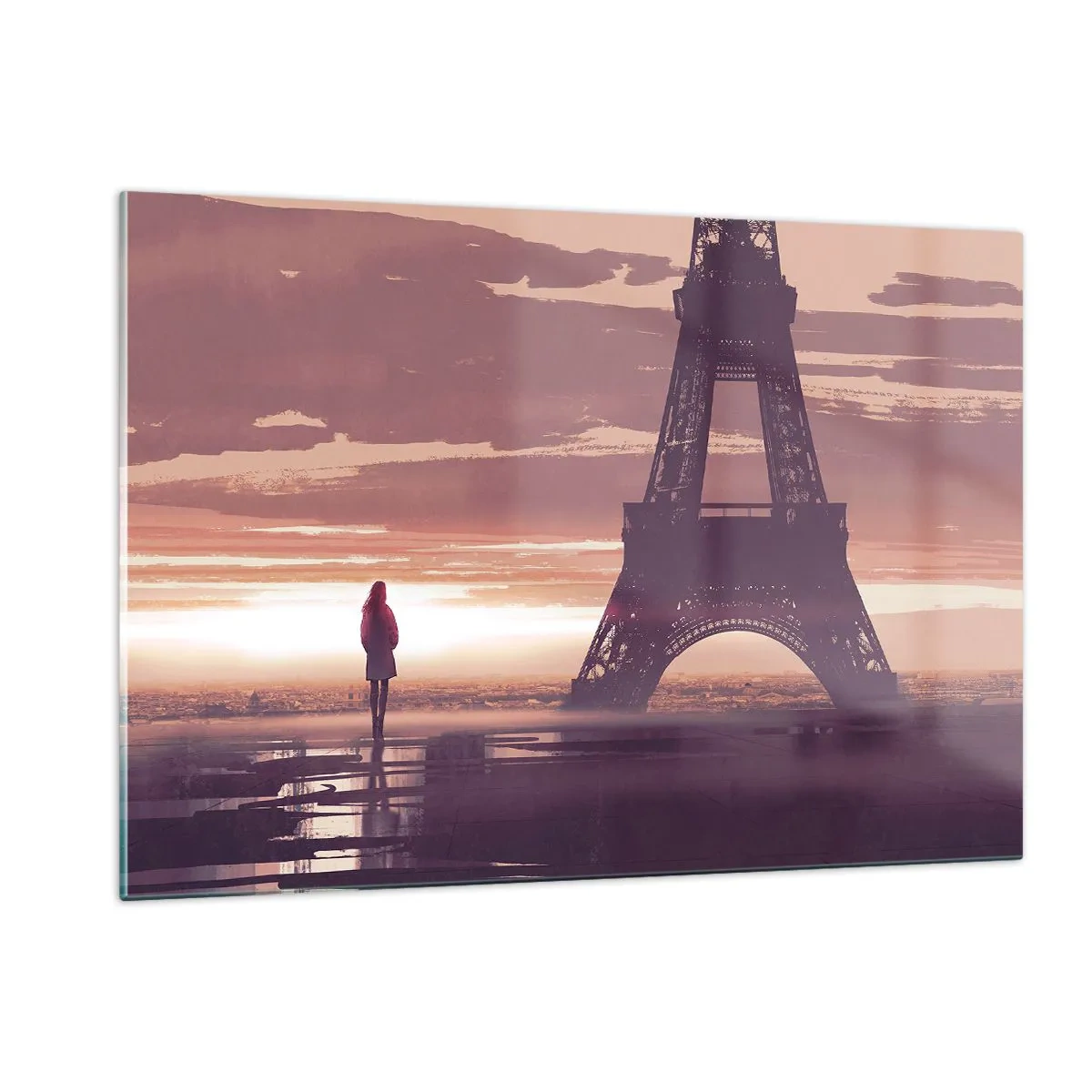Glasbild - Bild auf glas - Der Eiffelturm bei Sonnenuntergang mit der Silhouette einer Person - 120x80cm - Nur zwei davon - Moderne Wanddekoration für Wohnzimmer und Schlafzimmer ARTTOR