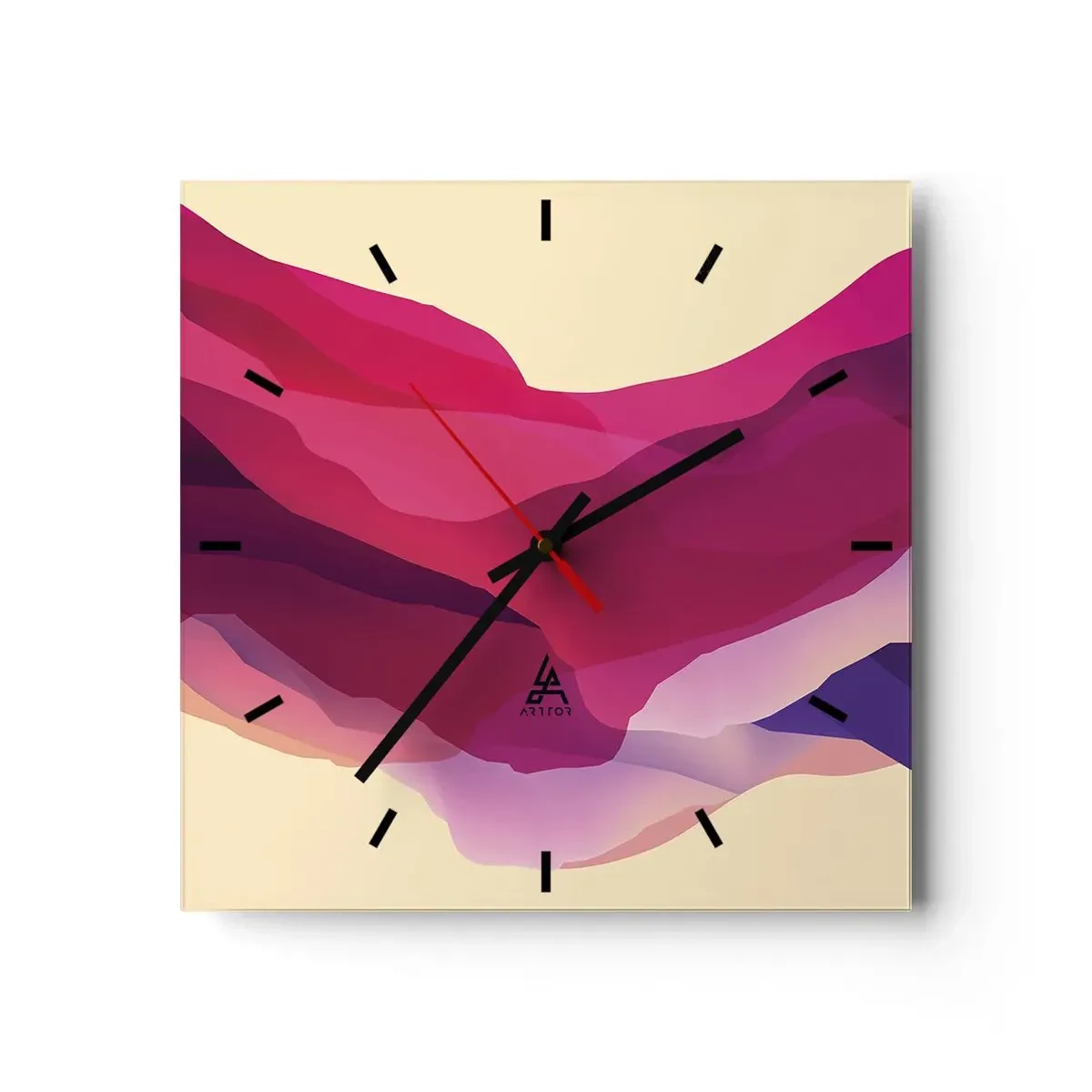 Wanduhr - Glasuhr - Abstrakte Wellen in Lila- und Rosatönen auf hellem Hintergrund - 30x30cm - Lila Wellen - Moderne Wanddekoration für Wohnzimmer und Schlafzimmer ARTTOR