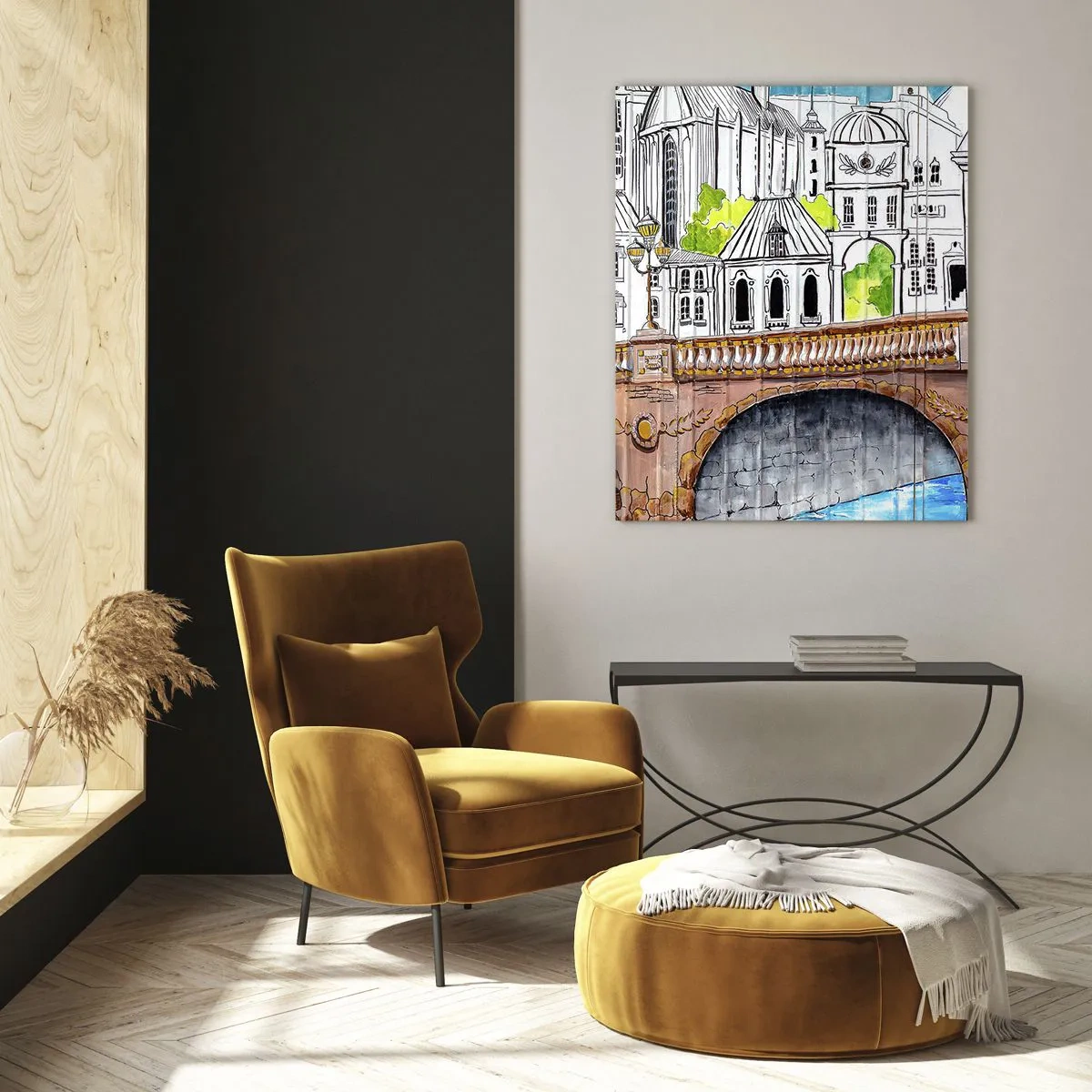 Glasbild - Bild auf glas - Die Brücke und die Stadtarchitektur in Form einer Aquarellskizze - 50x70cm - Die Stadt ist gemalt - Moderne Wanddekoration für Wohnzimmer und Schlafzimmer ARTTOR