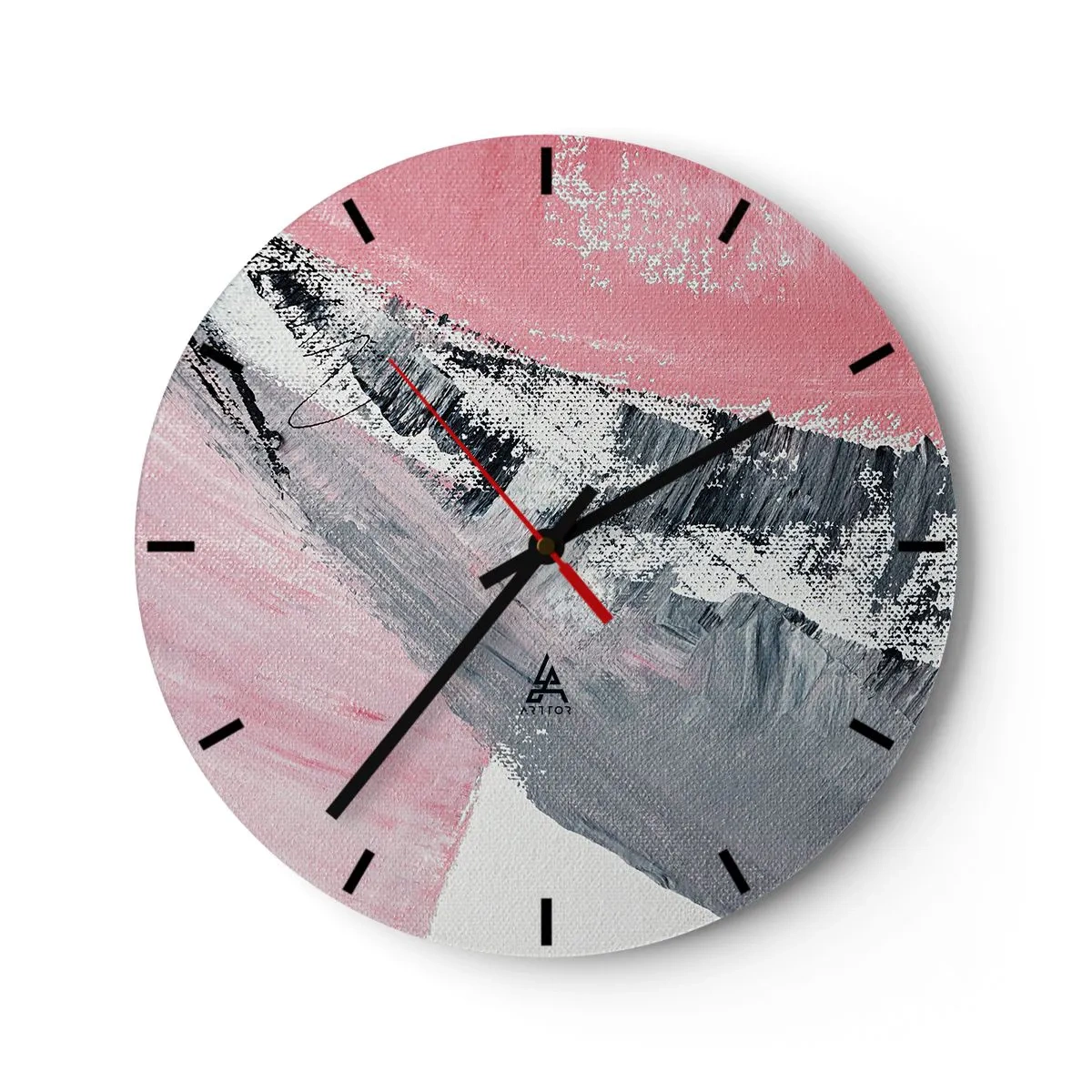 Wanduhr - Glasuhr - Rosa und graue Abstraktion mit dynamischen Pinselstrichen - 30x30cm - Passende Komposition - Moderne Wanddekoration für Wohnzimmer, Küche und Schlafzimmer ARTTOR