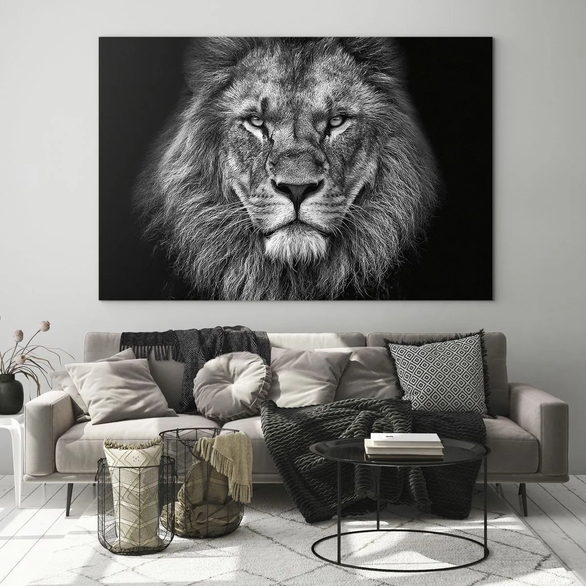 Glasbild - Bild auf glas - Porträt eines Löwen in Schwarz-Weiß mit majestätischer Mähne - 70x50cm - Im Krönungsgewand - Moderne Wanddekoration für Wohnzimmer und Schlafzimmer ARTTOR