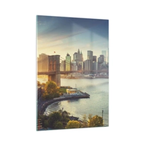 Glasbild - Bild auf glas - New York City-Panorama mit Brooklyn Bridge - 50x70cm - Morgendämmerung der Großstadt - Moderne Wanddekoration für Wohnzimmer und Schlafzimmer ARTTOR