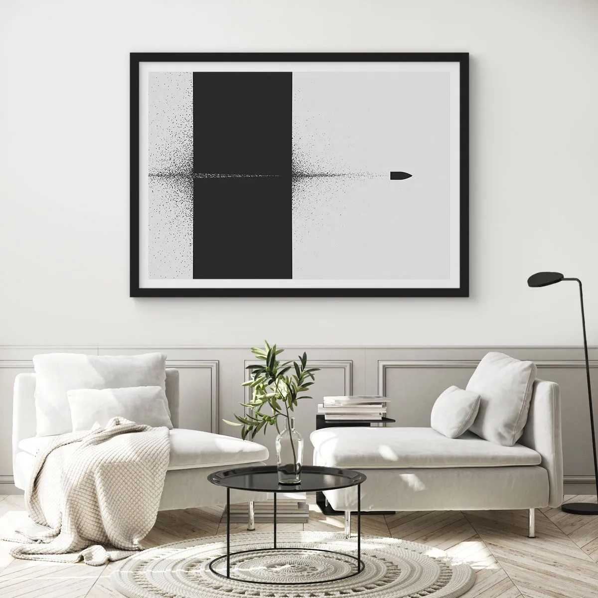 Poster in einem schwarzem Rahmen - Ein symbolisches Projektil im minimalistischen, abstrakten Stil. - 70x50cm - Direkt zum Ziel - Moderne Wanddekoration für Wohnzimmer und Schlafzimmer ARTTOR