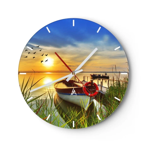 Wanduhr - Glasuhr - Ein Boot am Pier bei Sonnenuntergang, Vögel fliegen davon - 30x30cm - Die Kormorane fliegen schon weg - Moderne Wanddekoration für Wohnzimmer, Küche und Schlafzimmer ARTTOR