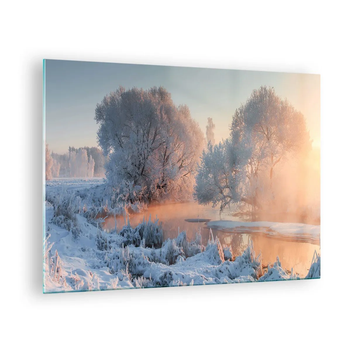 Glasbild - Bild auf glas - Winterlandschaft mit zugefrorenem See und Morgennebel - 70x50cm - Alles im Kristall glänzt in der Sonne - Moderne Wanddekoration für Wohnzimmer und Schlafzimmer ARTTOR