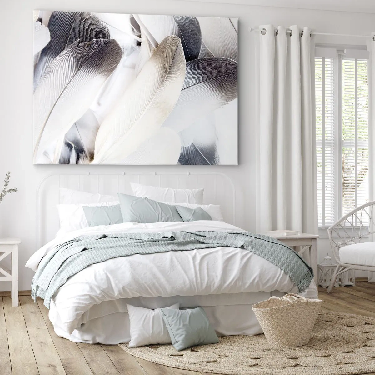Bild auf Leinwand - Leinwandbild - Nahaufnahme zarter Federn in Weiß- und Grautönen - 70x50cm - Fast engelhaft - Moderne Wanddekoration für Wohnzimmer und Schlafzimmer ARTTOR