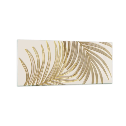 Glasbild - Bild auf glas - Goldene Palmblätter auf hellem Hintergrund im minimalistischen Stil - 120x50cm - Goldene Palme! - Moderne Wanddekoration für Wohnzimmer und Schlafzimmer ARTTOR