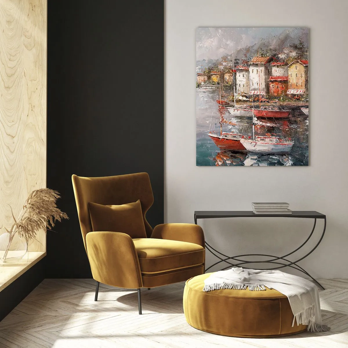 Glasbild - Bild auf glas - Ein malerischer Hafen mit Segelbooten und bunten Häusern - 50x70cm - Romantische Oase - Moderne Wanddekoration für Wohnzimmer und Schlafzimmer ARTTOR