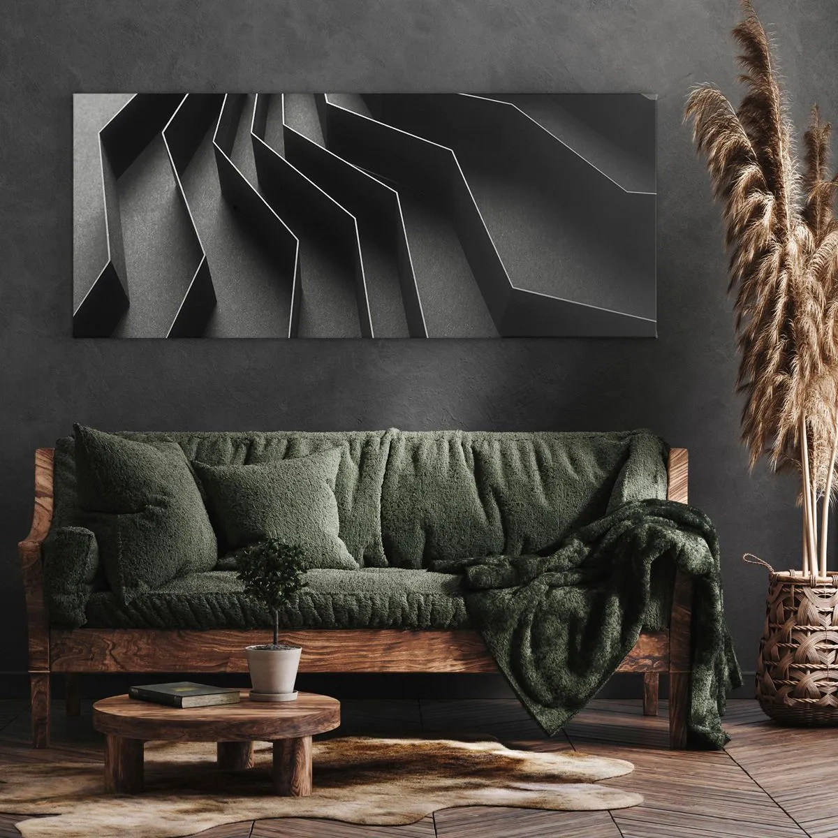 Bild auf Leinwand - Leinwandbild - Schwarz-weiße Abstraktion mit geometrischen Strukturen - 120x50cm - Räumliche Ordnung - Moderne Wanddekoration für Wohnzimmer und Schlafzimmer ARTTOR