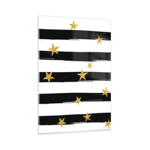 Glasbild - Bild auf glas - Schwarz-weiße Streifen mit goldenen Sternen - 80x120cm - Wir wurden alle unter einem glücklichen Stern geboren - Moderne Wanddekoration für Wohnzimmer und Schlafzimmer ARTTOR