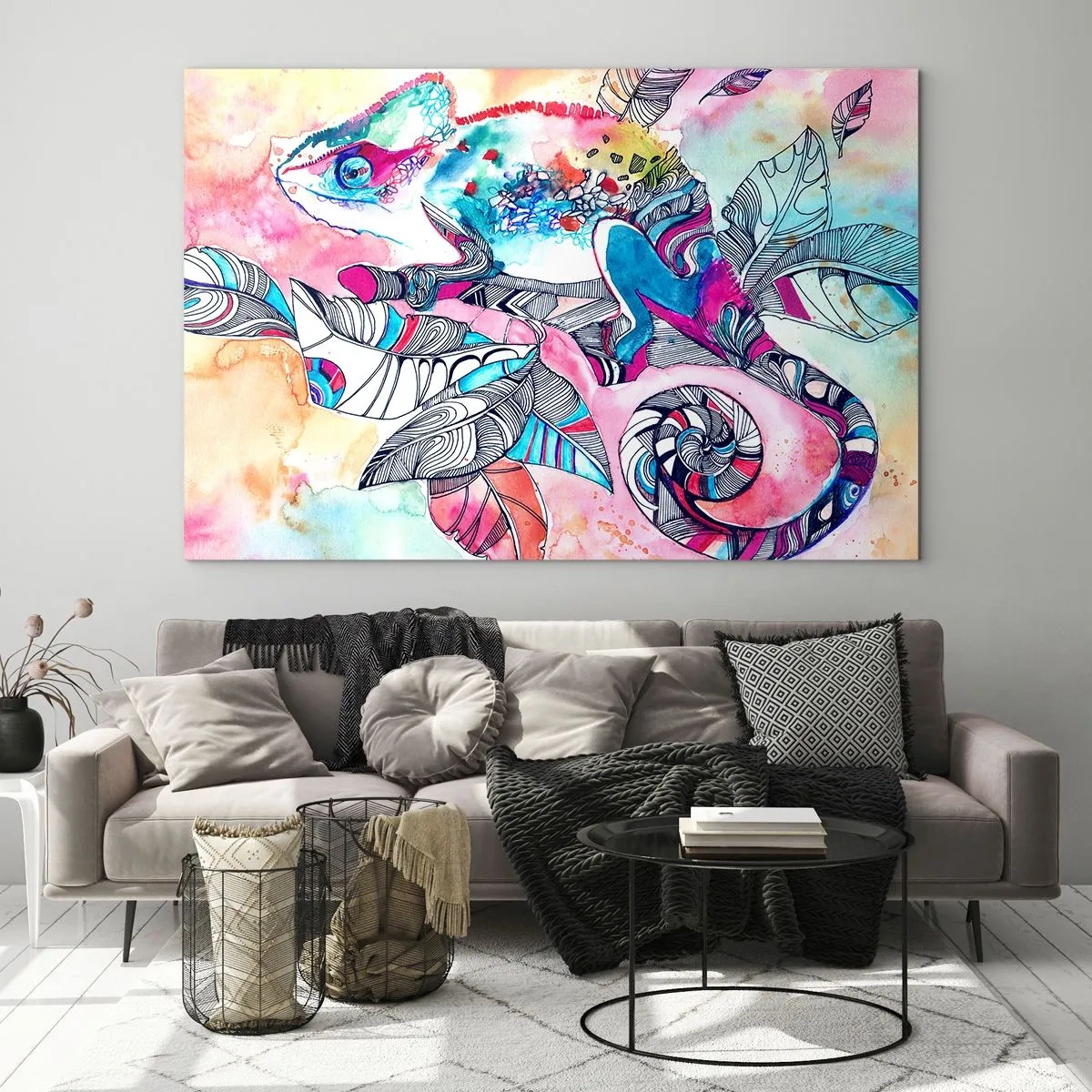 Glasbild - Bild auf glas - Buntes Chamäleon zwischen Blättern im Aquarellstil - 120x80cm - So bunt wie unsere Welt - Moderne Wanddekoration für Wohnzimmer und Schlafzimmer ARTTOR